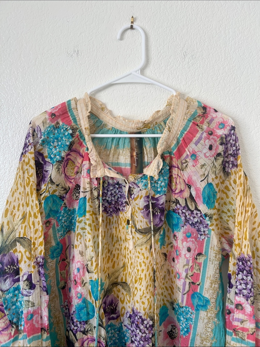 Boho Floral Patchwork Peasant Blouse in Teal, Yellow & Pink - Picture 5 of 11
